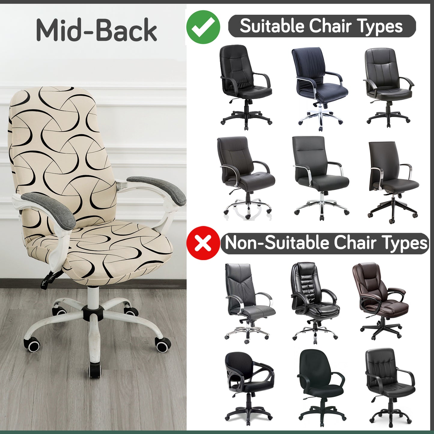 Printed Office Chair Cover for Desk Chair (Mid-Back) – 140 GSM Stretch Fabric – Washable, Durable & Anti-Slip – Fits Mid-Back Office Chairs, Natural Beige Abstract Art - Medium