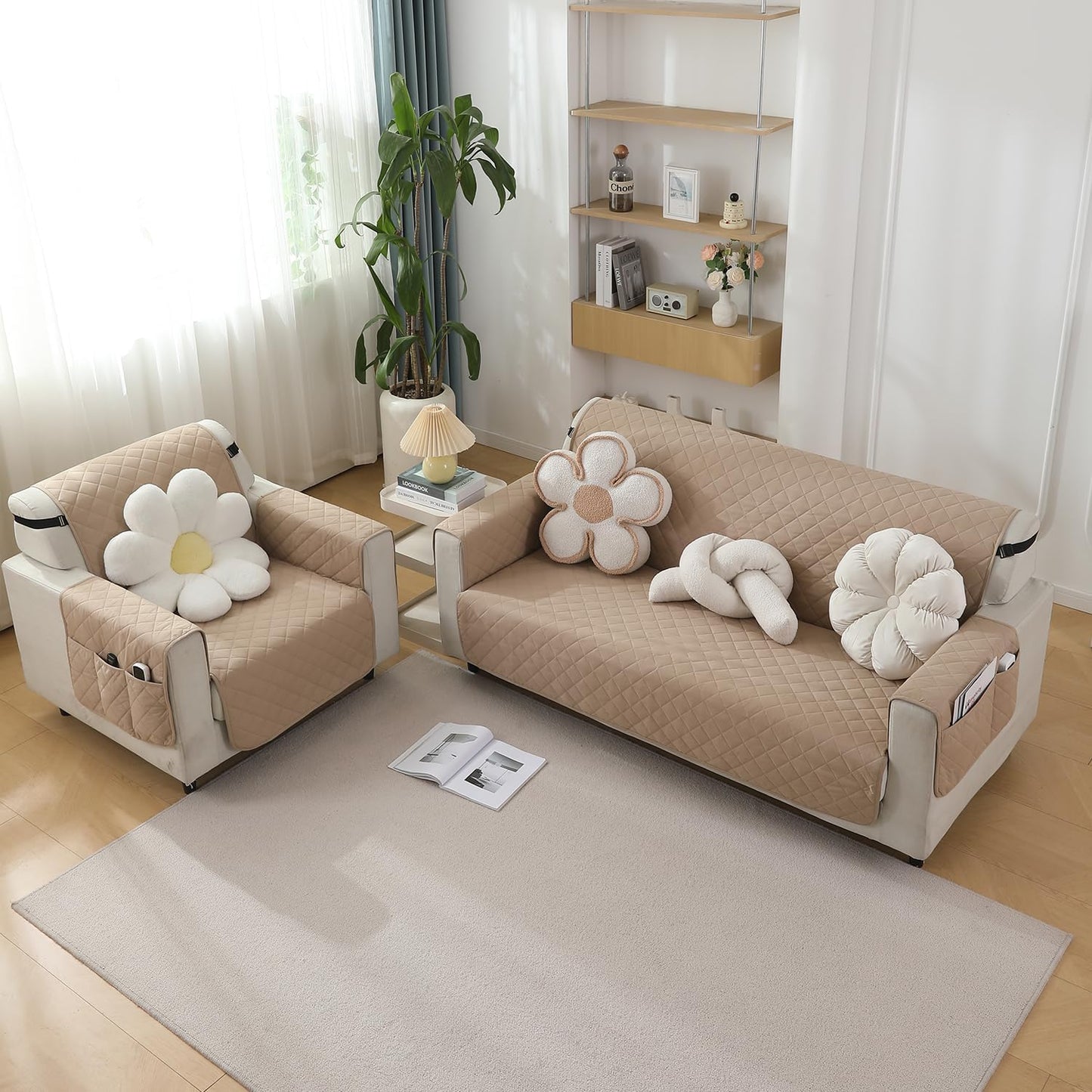 Beige quilted waterproof sofa cover set with side pockets on armrest, fitted on 1 seater and 2 seater sofas
