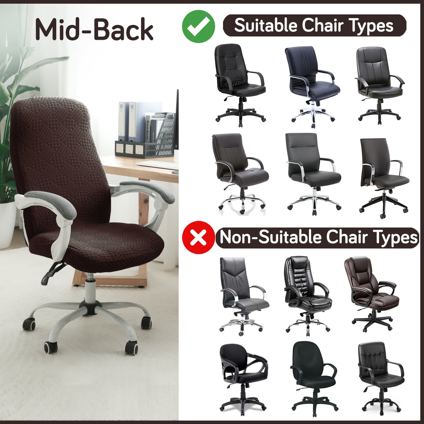 Office Chair Cover for Desk Chair (Mid-Back) – 170 GSM Stretch Jacquard – Washable, Durable & Anti-Slip – Fits Mid-Back Office Chairs, Brown