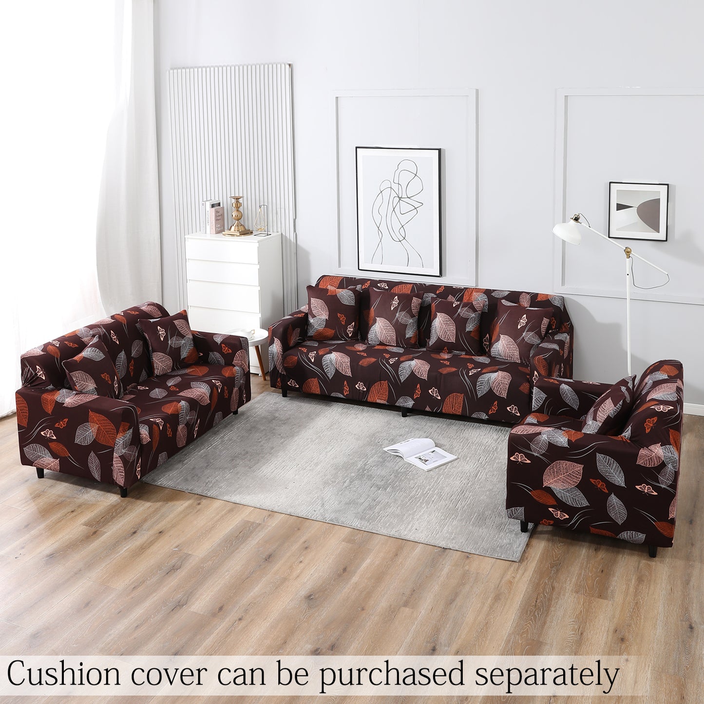 Dark Brown Leaf elastic sofa cover sets for 1,2,3,4,5 & 7 seater sofas