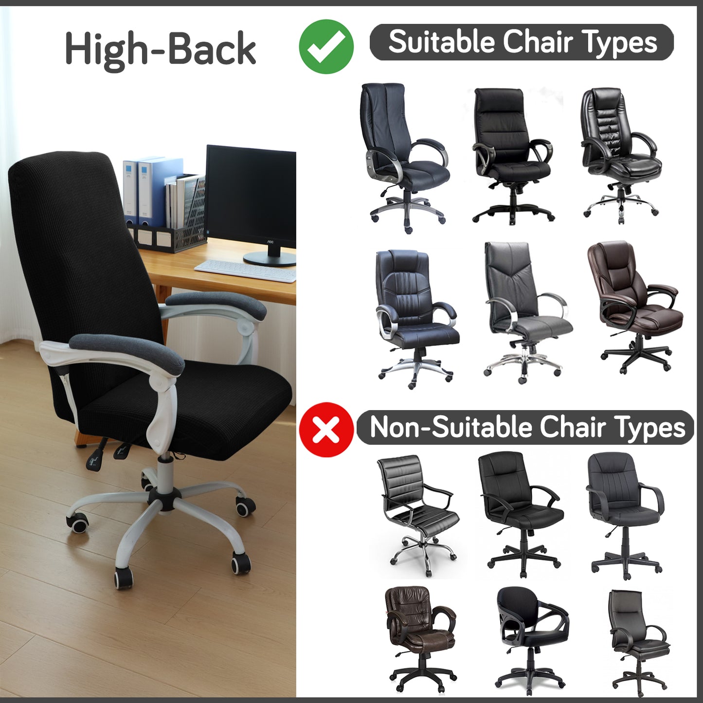 Water Repellent Office Chair Cover for Executive Chair (High-Back) – 210 GSM Stretchable Jacquard – Washable & Anti-Slip – Fits Big & Tall Office Chairs, Black