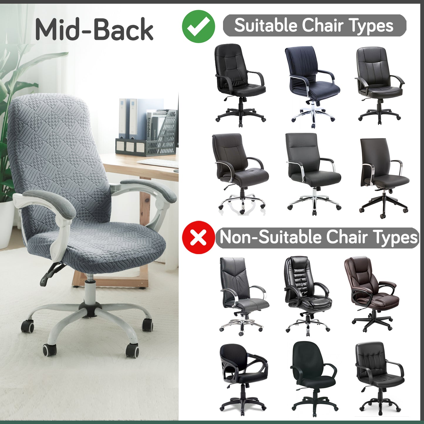 Office Chair Cover for Desk Chair (Mid-Back) – 170 GSM Stretch Jacquard – Washable, Durable & Anti-Slip – Fits Mid-Back Office Chairs, Light Grey