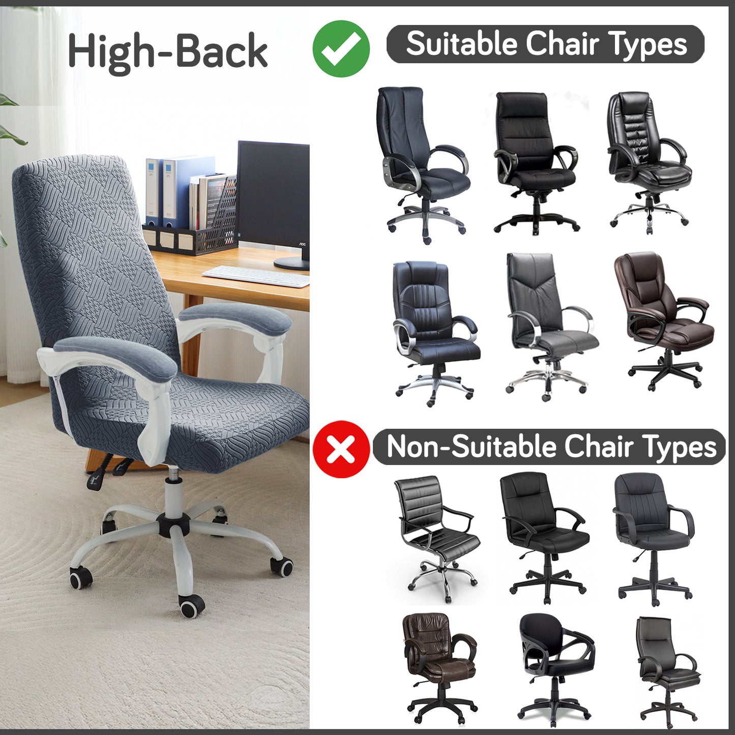 Office Chair Cover for Executive Chair (High-Back) – 170 GSM Stretchable Jacquard – Washable & Anti-Slip – Fits Big & Tall Office Chairs, Dark Grey