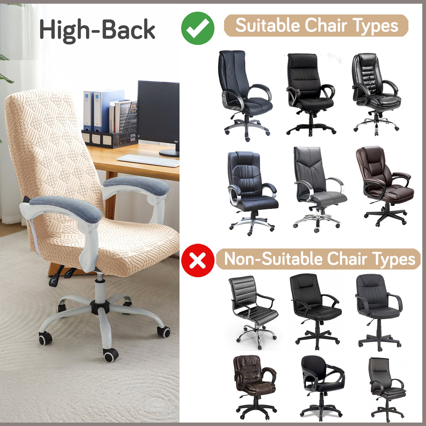 Office Chair Cover for Executive Chair (High-Back) – 170 GSM Stretchable Jacquard – Washable & Anti-Slip – Fits Big & Tall Office Chairs, Beige