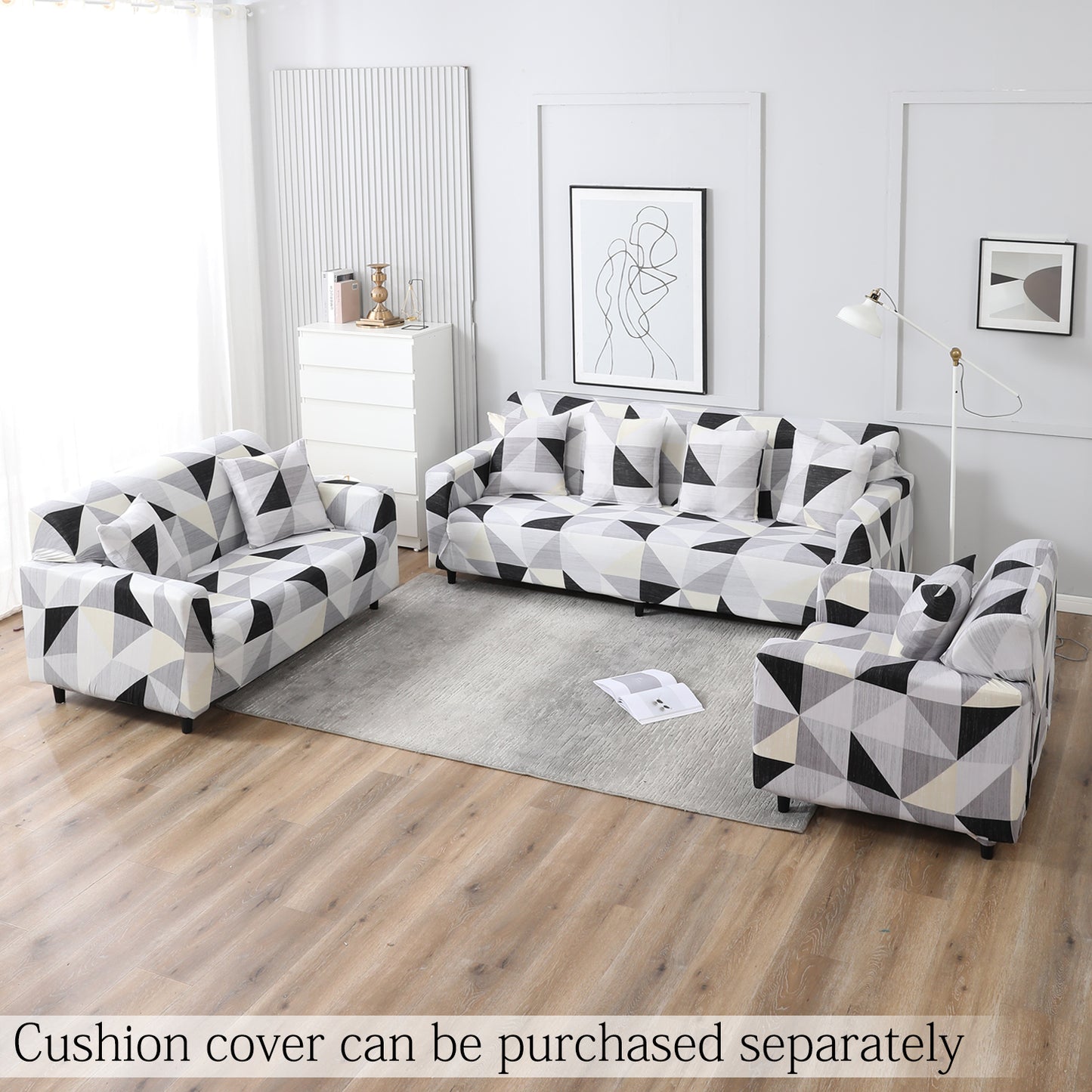 Elastic Stretchable Printed Sofa Cover, Black Grey Geometric