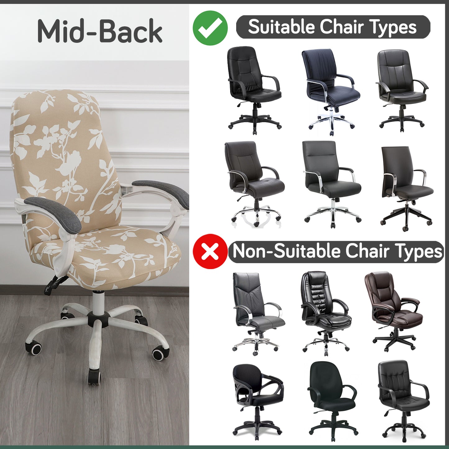 Printed Office Chair Cover for Desk Chair (Mid-Back) – 140 GSM Stretch Fabric – Durable & Anti-Slip – Fits Mid-Back Office Chairs, Buff Brown Sillehoute Floral - Medium