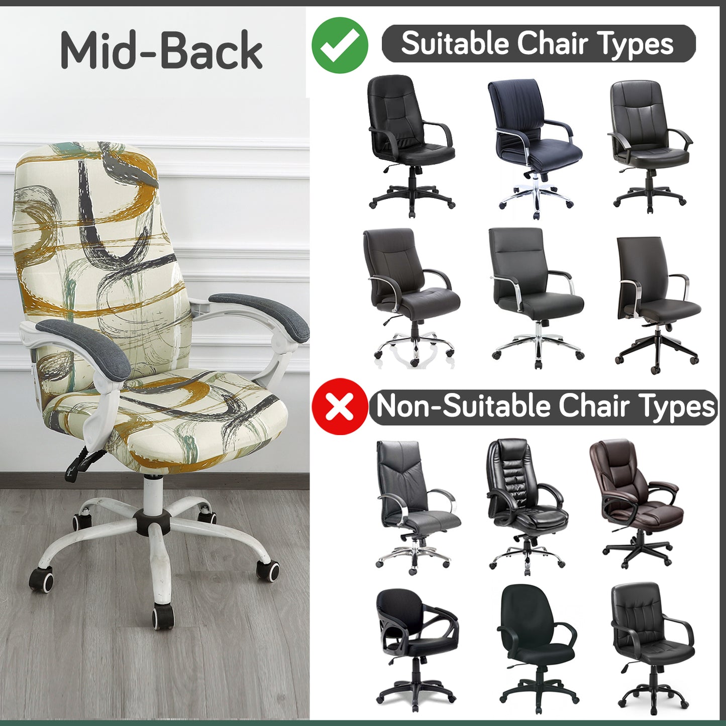 Printed Office Chair Cover for Desk Chair (Mid-Back) – 140 GSM Stretch Fabric – Durable & Anti-Slip – Fits Mid-Back Office Chairs, Parchement Beige Abstract Art - Medium