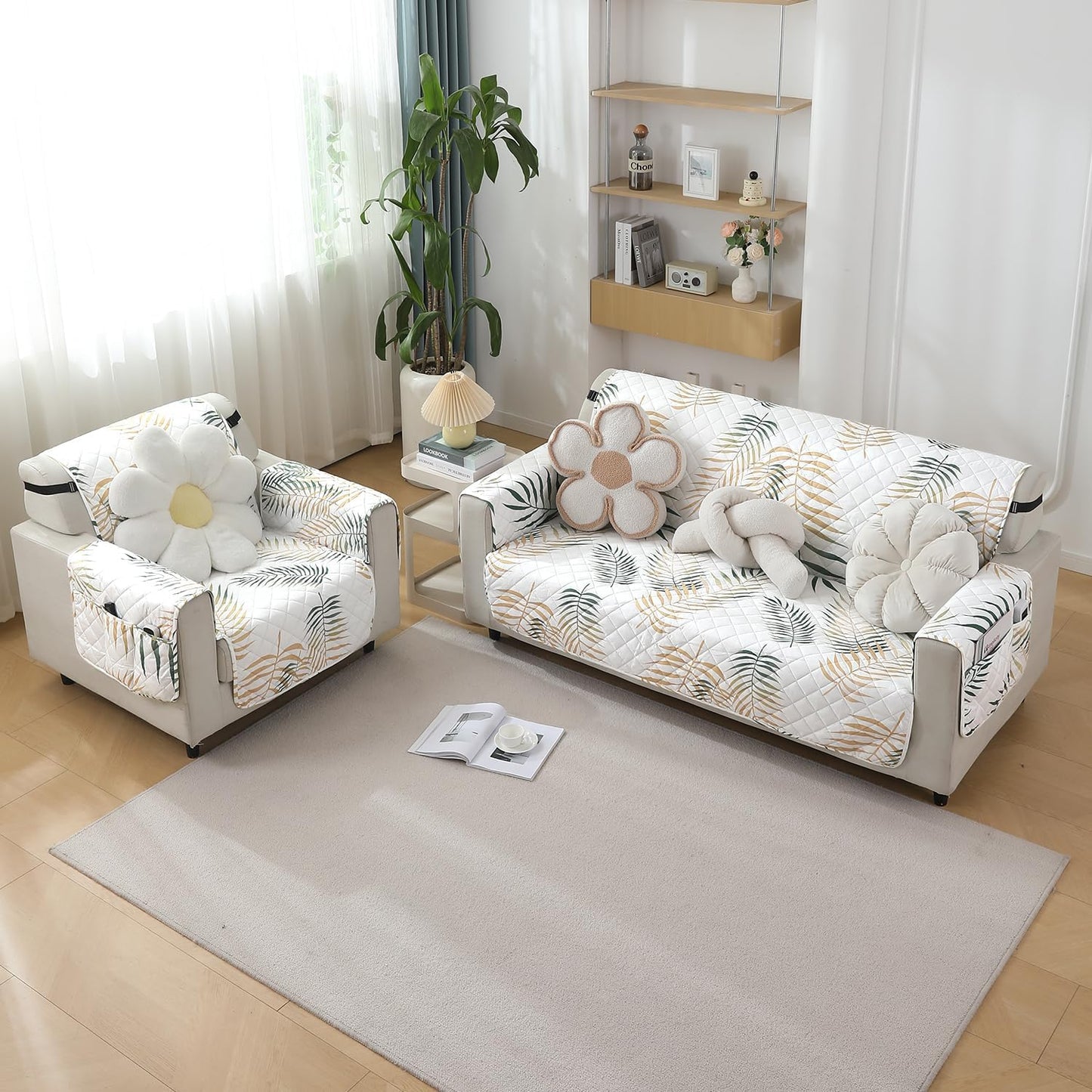 Quilted Waterproof Sofa Cover Mat with Pockets on Armrest Cover - Palm Leaves Forest Green