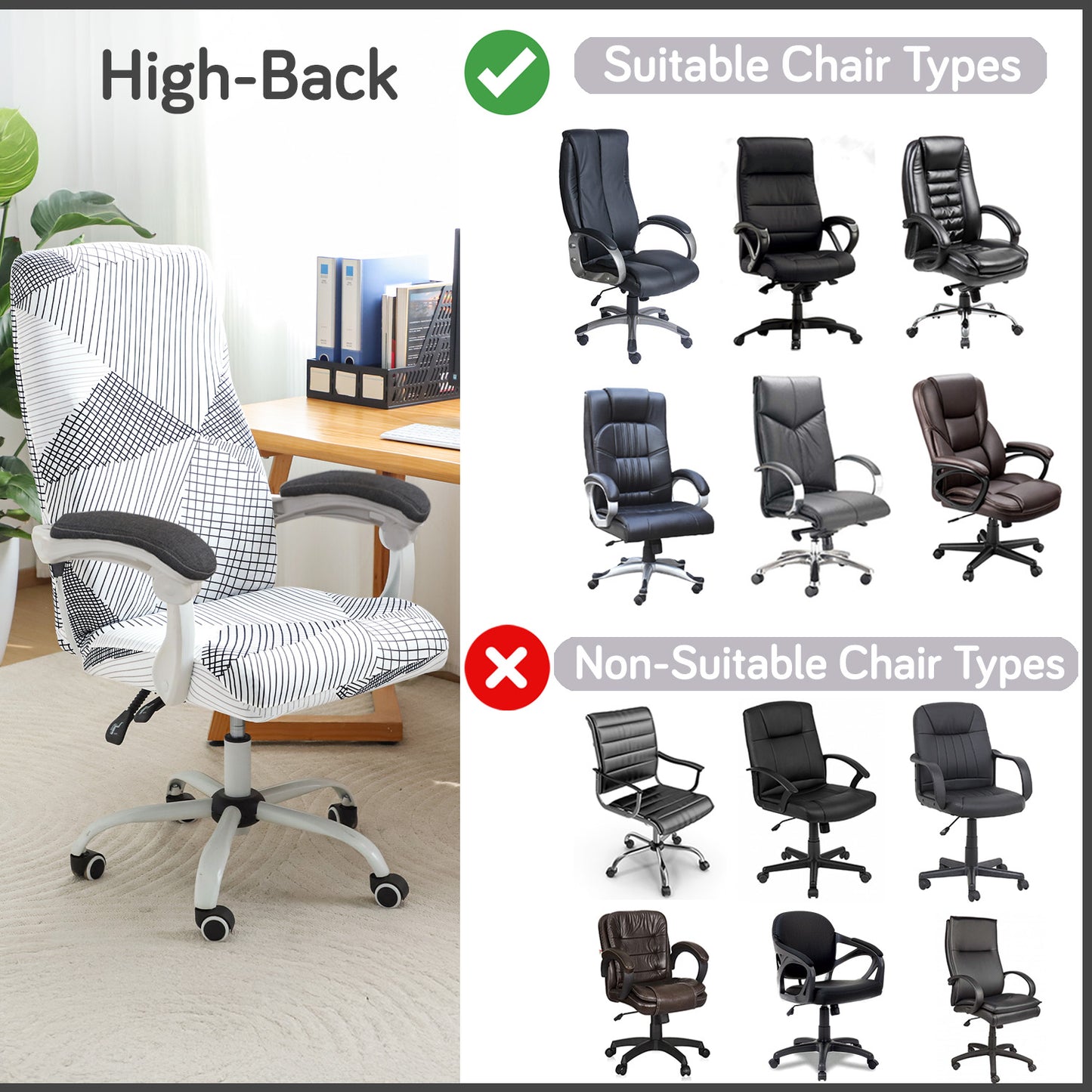 Printed Office Chair Cover for Executive Chair (High-Back) – 140 GSM Stretchable Fabric – Washable & Anti-Slip – Fits Big & Tall Office Chairs, Snow White Black Geometry