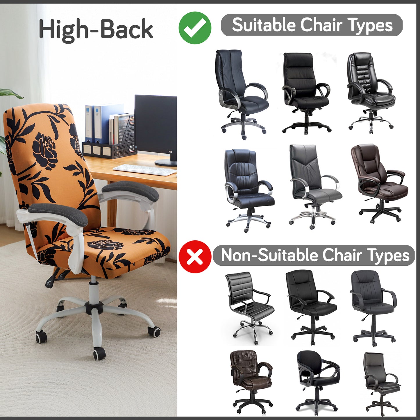 Printed Office Chair Cover for Executive Chair (High-Back) – 140 GSM Stretchable Fabric – Washable & Anti-Slip – Fits Big & Tall Office Chairs, Copper Brown Floral