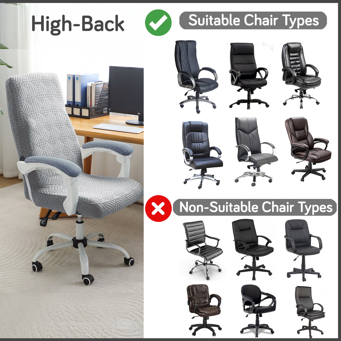 Office Chair Cover for Executive Chair (High-Back) – 170 GSM Stretchable Jacquard – Washable & Anti-Slip – Fits Big & Tall Office Chairs, Light Grey