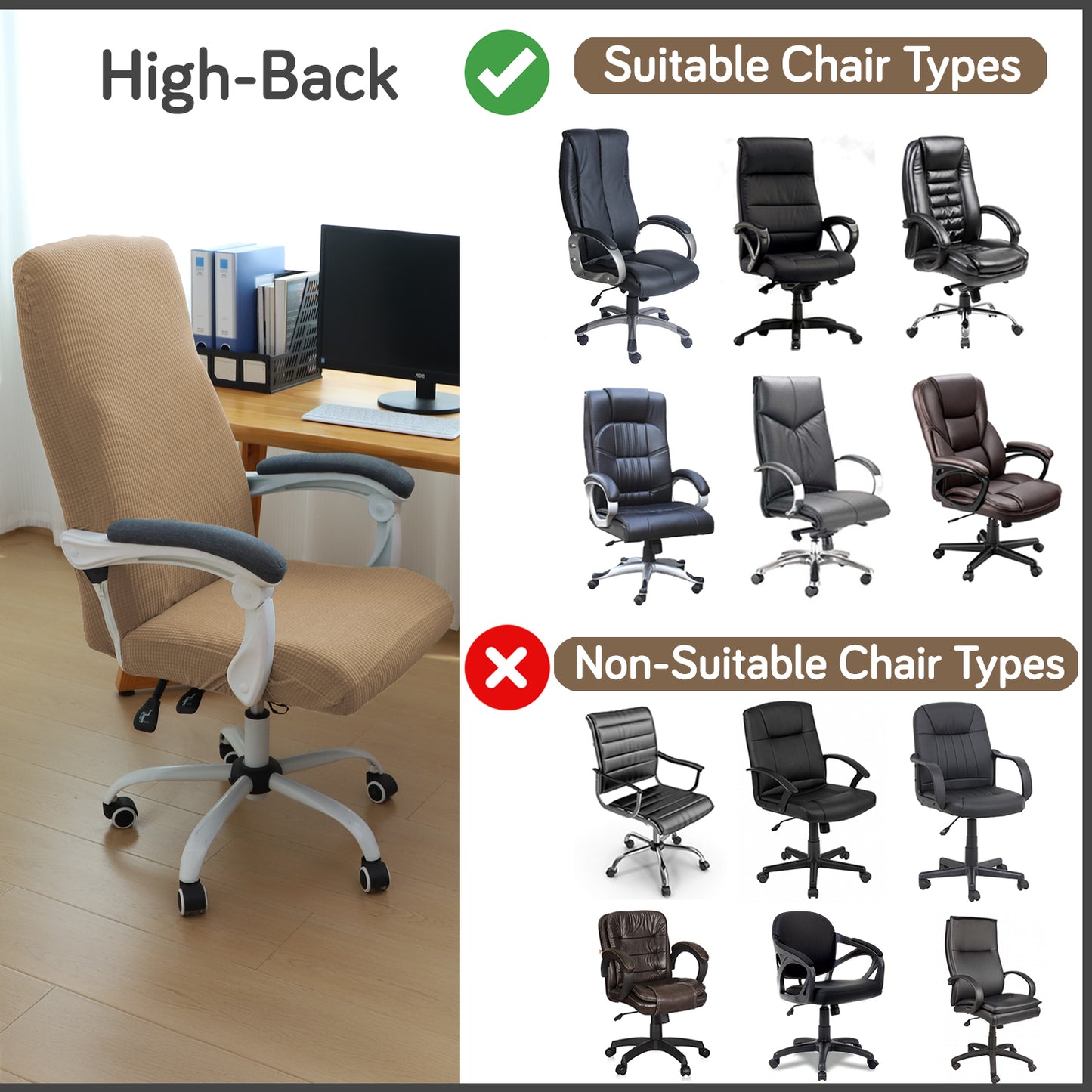 Water Repellent Office Chair Cover for Executive Chair (High-Back) – 210 GSM Stretchable Jacquard – Washable & Anti-Slip – Fits Big & Tall Office Chairs, Camel