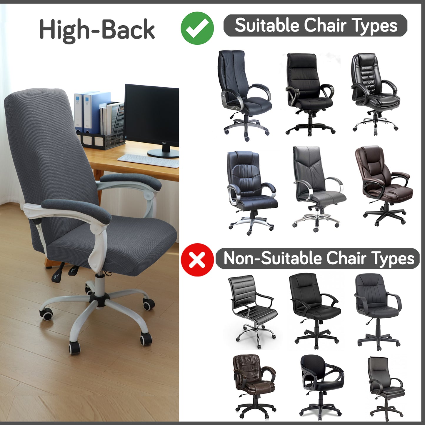 Water Repellent Office Chair Cover for Executive Chair (High-Back) – 210 GSM Stretchable Jacquard – Washable & Anti-Slip – Fits Big & Tall Office Chairs, Dark Grey