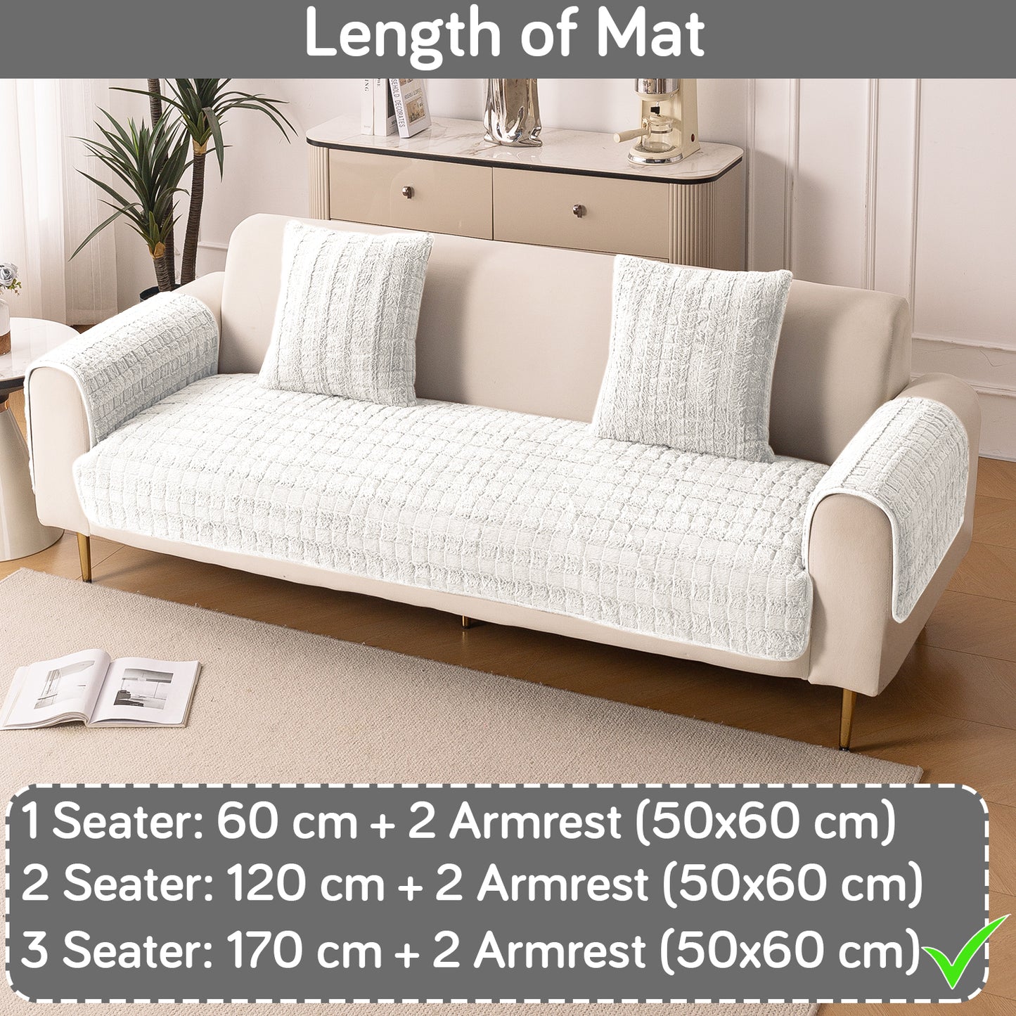 Premium Plush Sofa Cover Mat with 2 Armrest Cover, White