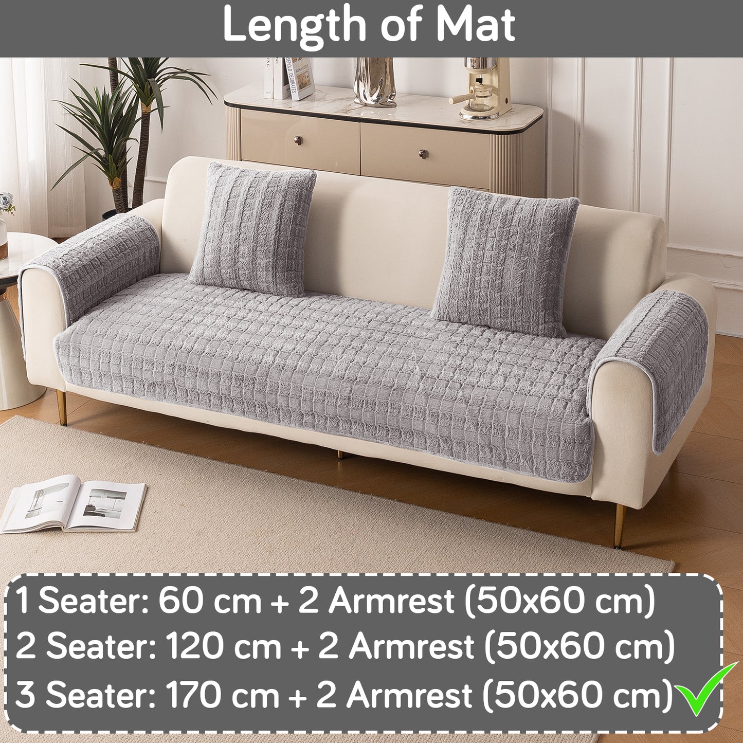 Premium Plush Anti Slip Sofa Cover Mat with 2 Armrest Cover, Light Grey