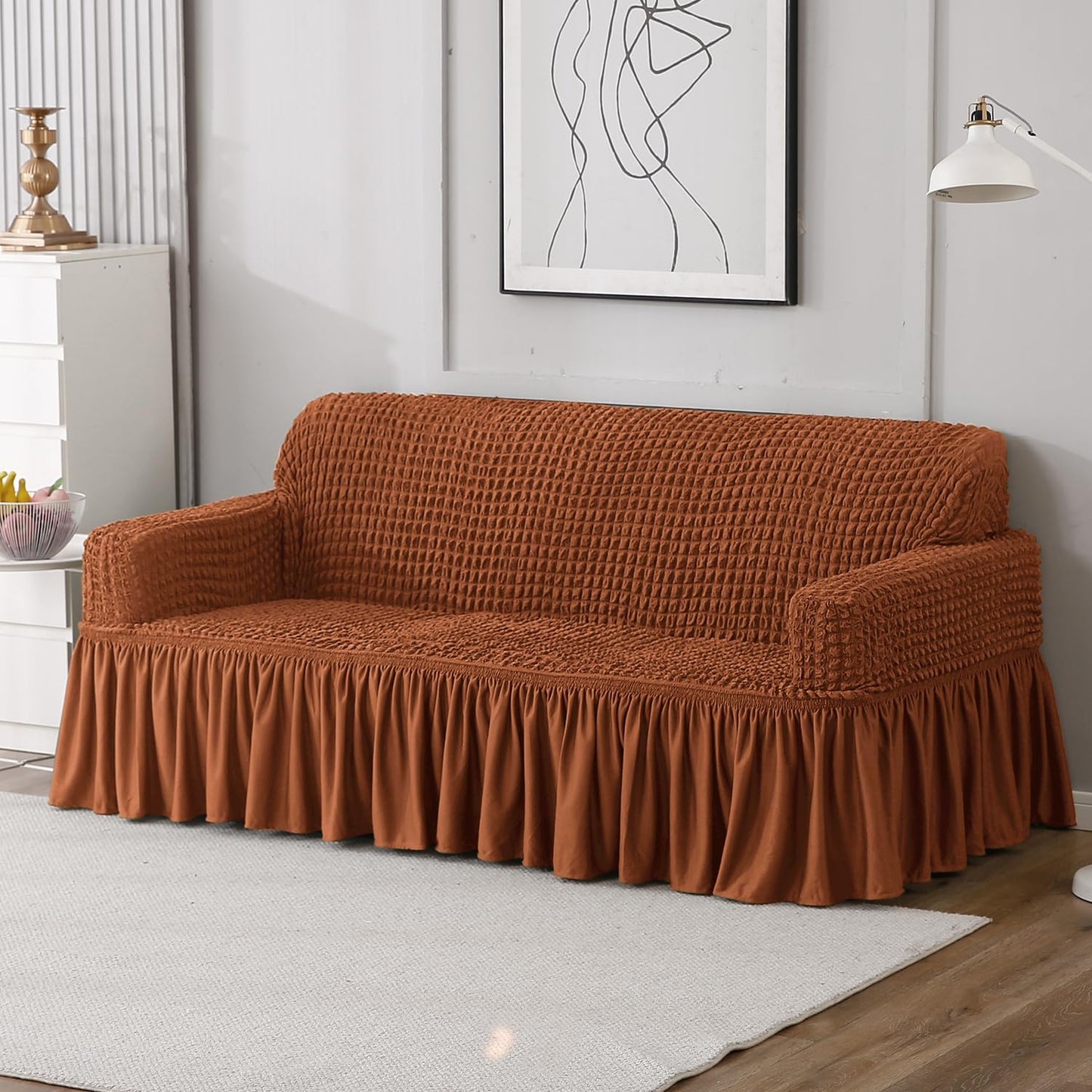 Chocolate Brown Stretchable Turkish Bubble three seater frill sofa cover
