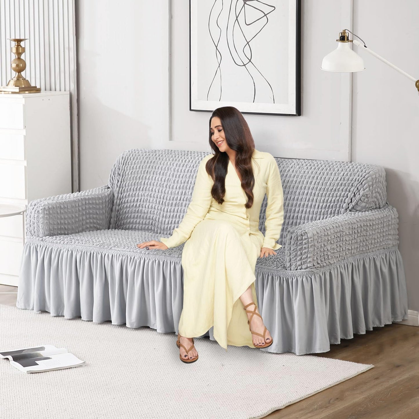 Ash Grey Elastic Turkish Bubble Frill 3 seater sofa cover