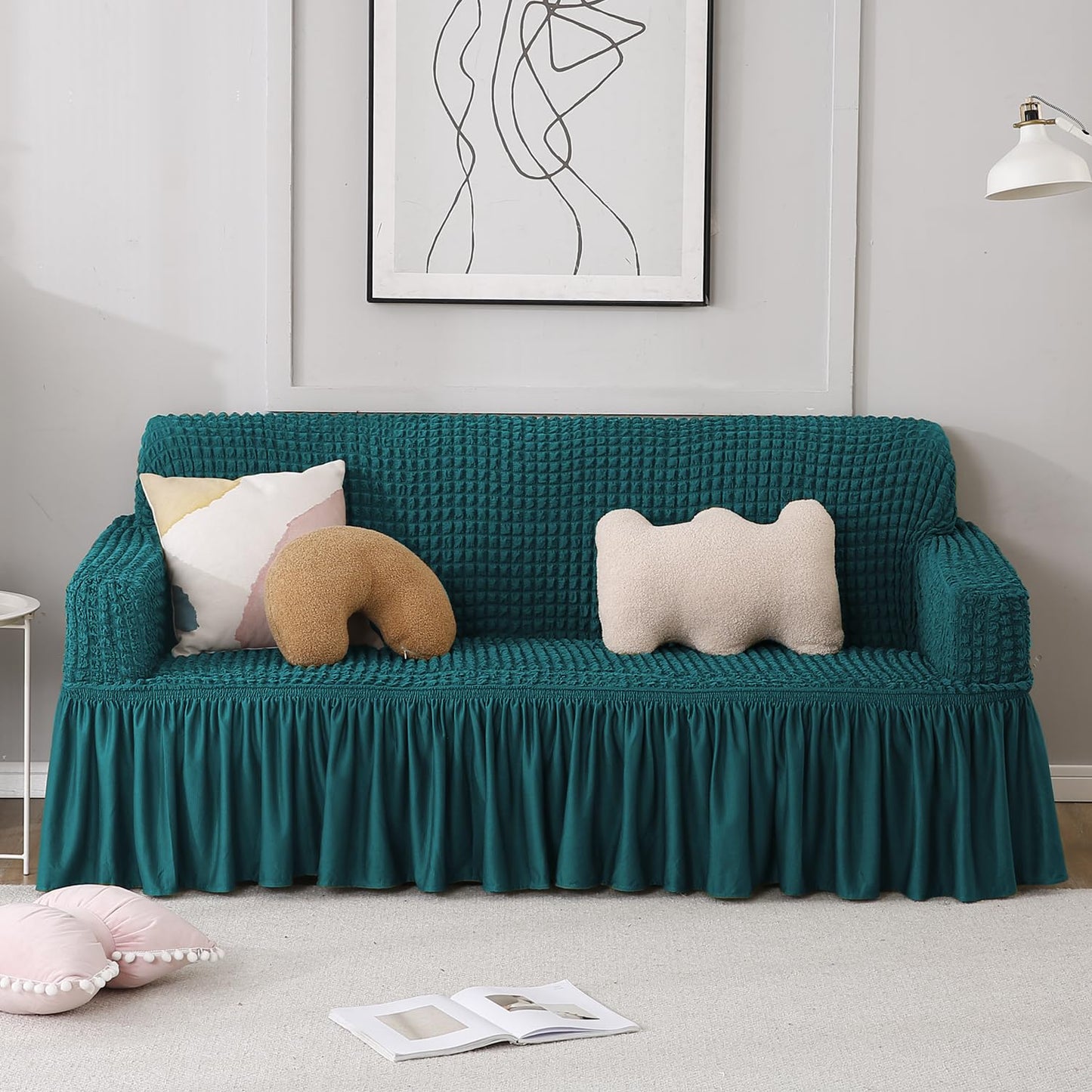 Teal Elastic Turkish Bubble Frill 3 seater sofa cover