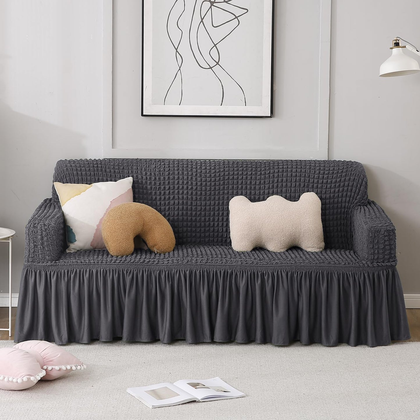 Anchor Grey Stretchable Turkish Bubble three seater frill sofa cover
