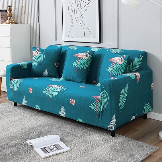 Teal colour feather print elastic 3 seater sofa cover