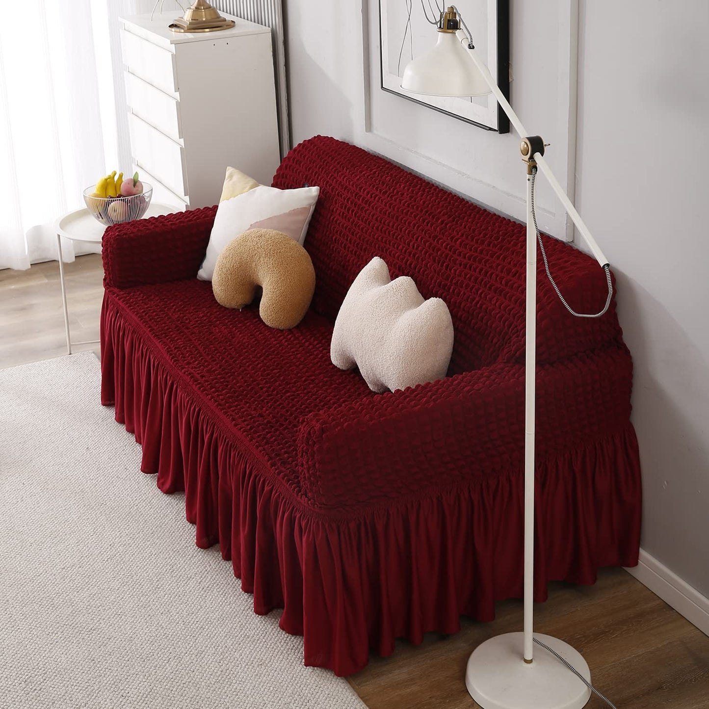 Cherry Red 3 seater Elastic Turkish Bubble Frilled sofa cover set