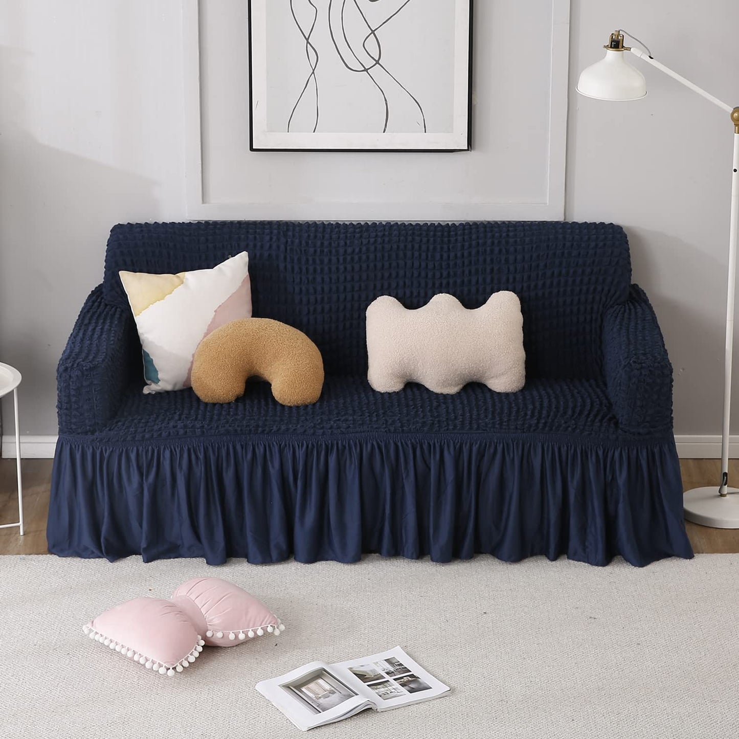 Navy Blue Stretchable Turkish Bubble Frill 2 seater sofa cover