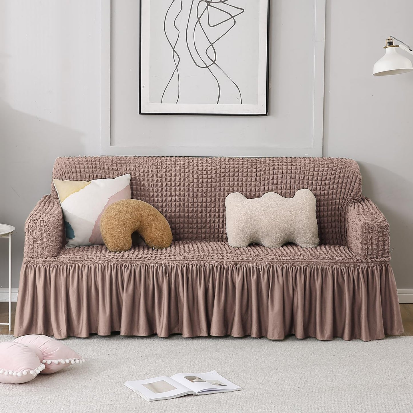 Mocha 3 seater stretchable Turkish Bubble Frilled sofa cover set