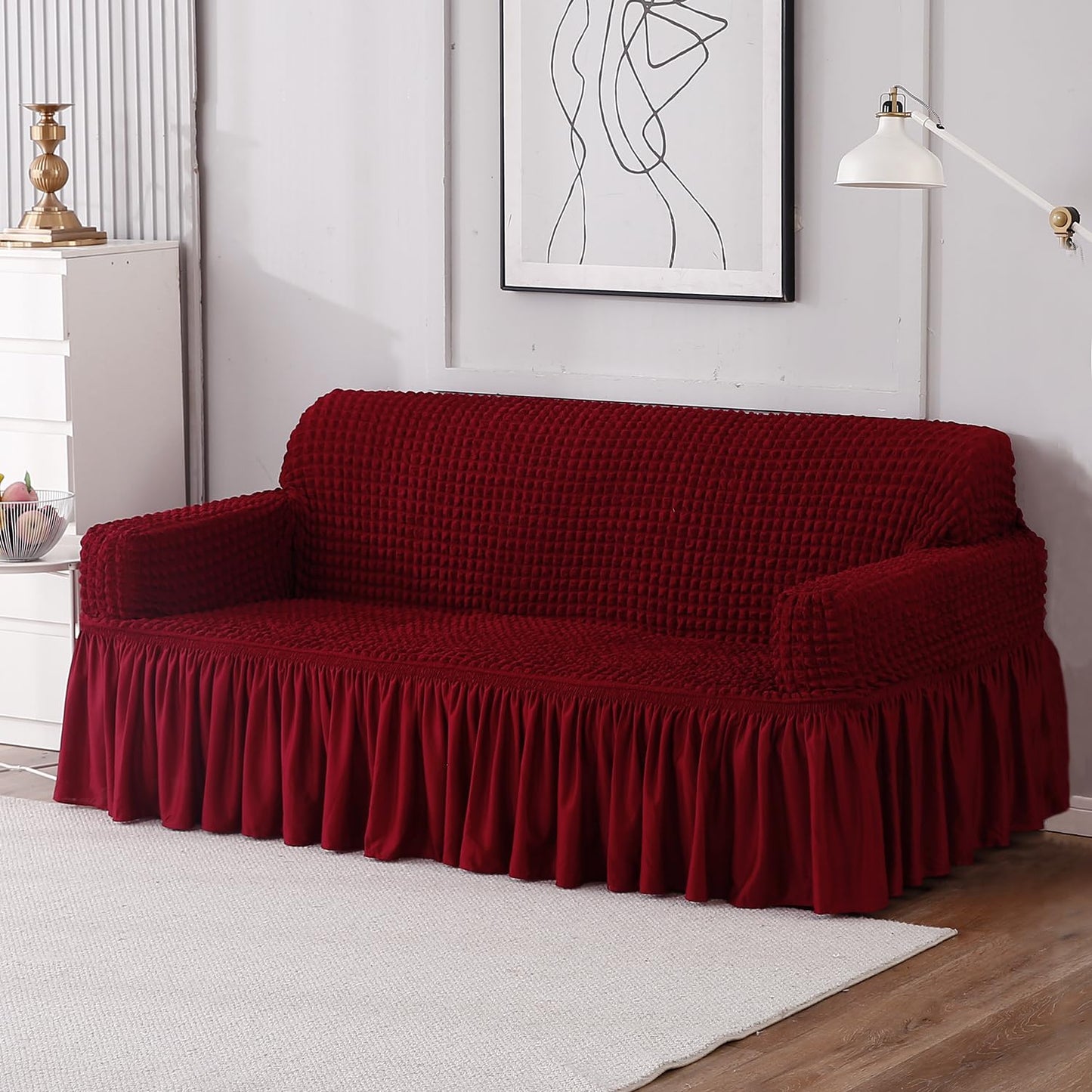 Cherry Red 3 seater stretchable Turkish Bubble Frilled sofa cover set