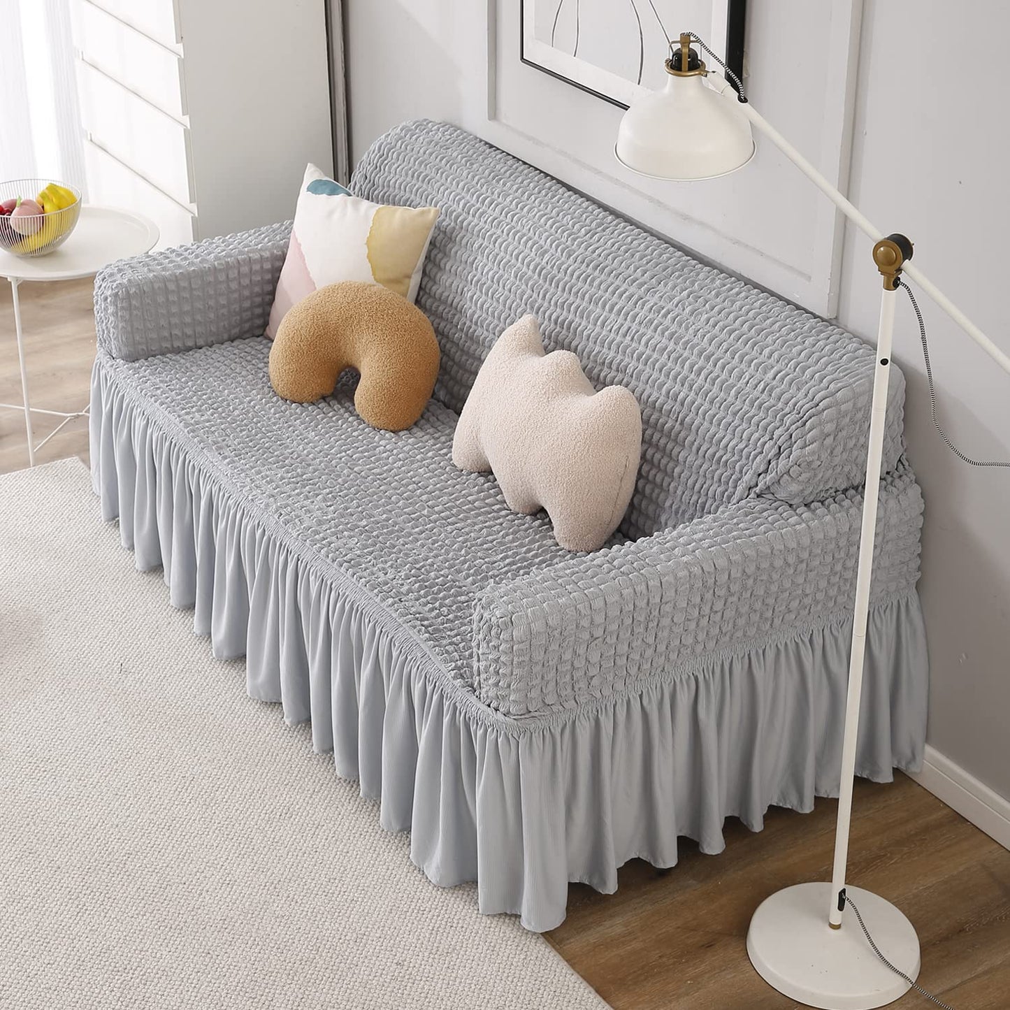 Ash Grey Stretchable Turkish Bubble three seater frill sofa cover