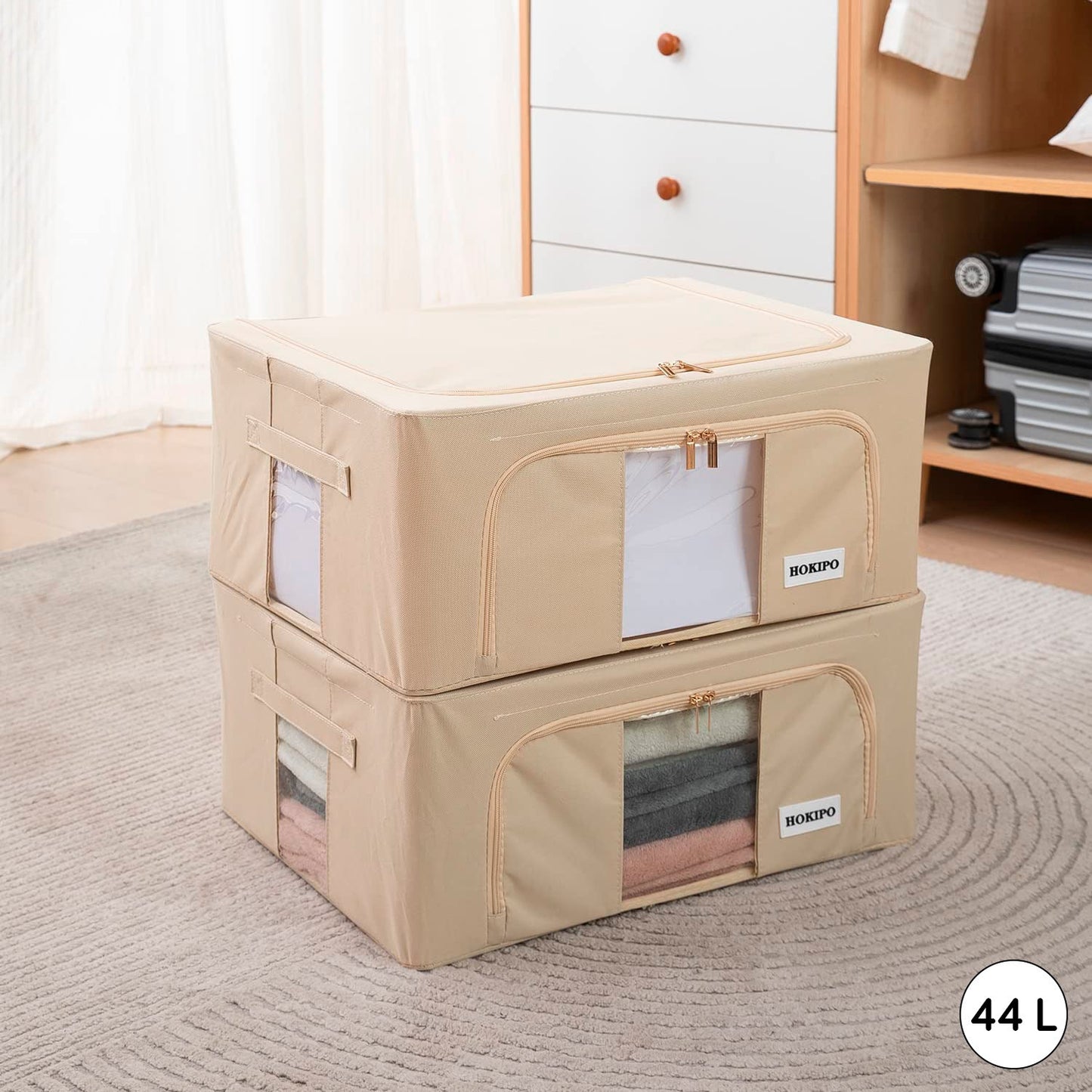 Wardrobe Organizer Underbed Storage Zippered Cloth Box, 24 ltr / 44 ltr / 66 ltr / 88 ltr, Beige