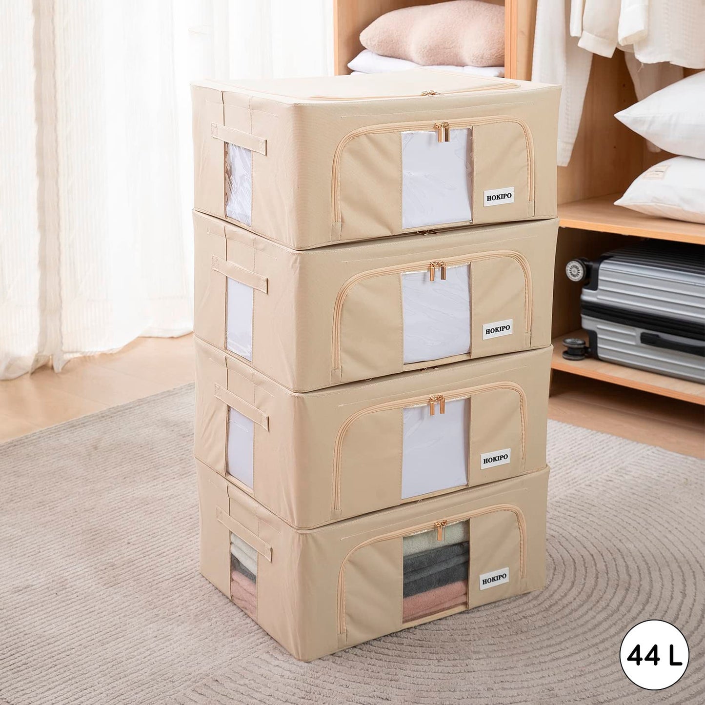 Wardrobe Organizer Underbed Storage Zippered Cloth Box, 24 ltr / 44 ltr / 66 ltr / 88 ltr, Beige
