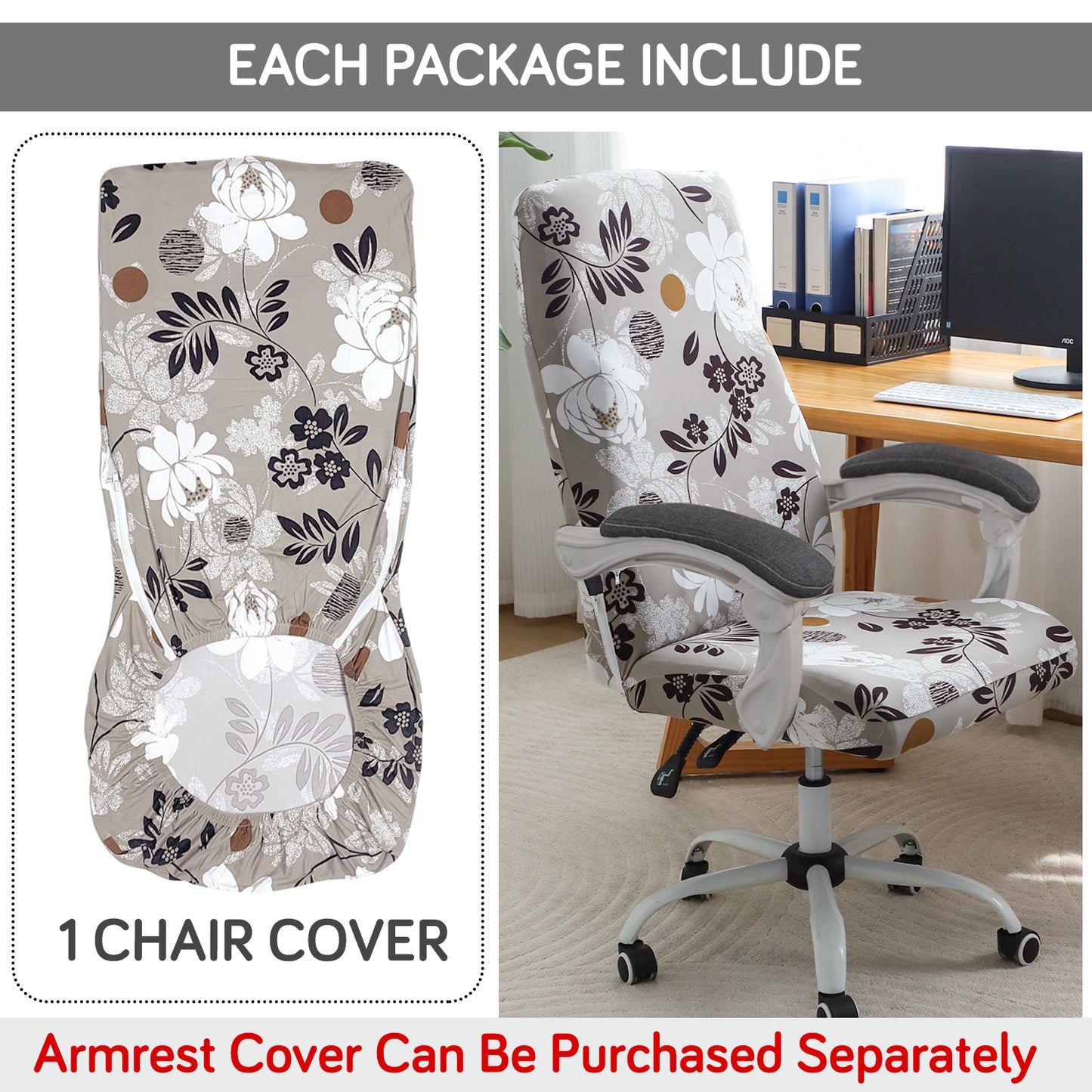 Printed Office Chair Cover for Executive Chair (High-Back) – 140 GSM Stretchable Fabric – Washable & Anti-Slip – Fits Big & Tall Office Chairs, Feather Brown Floral