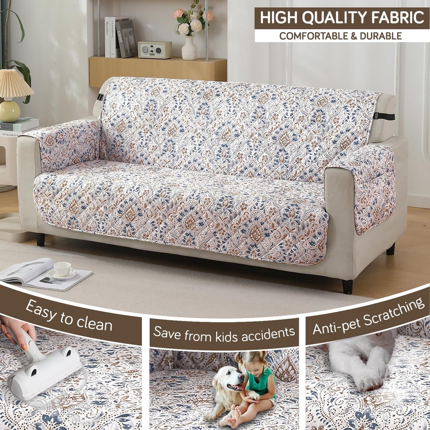 Quilted Waterproof Sofa Cover Mat with Pockets on Armrest Cover -Damask White