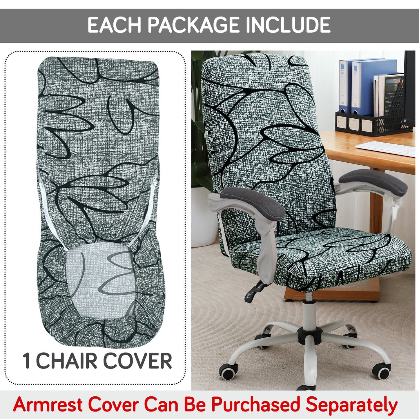 Printed Office Chair Cover for Executive Chair (High-Back) – 140 GSM Stretchable Fabric – Washable & Anti-Slip – Fits Big & Tall Office Chairs, Intense Grey Abstract Floral