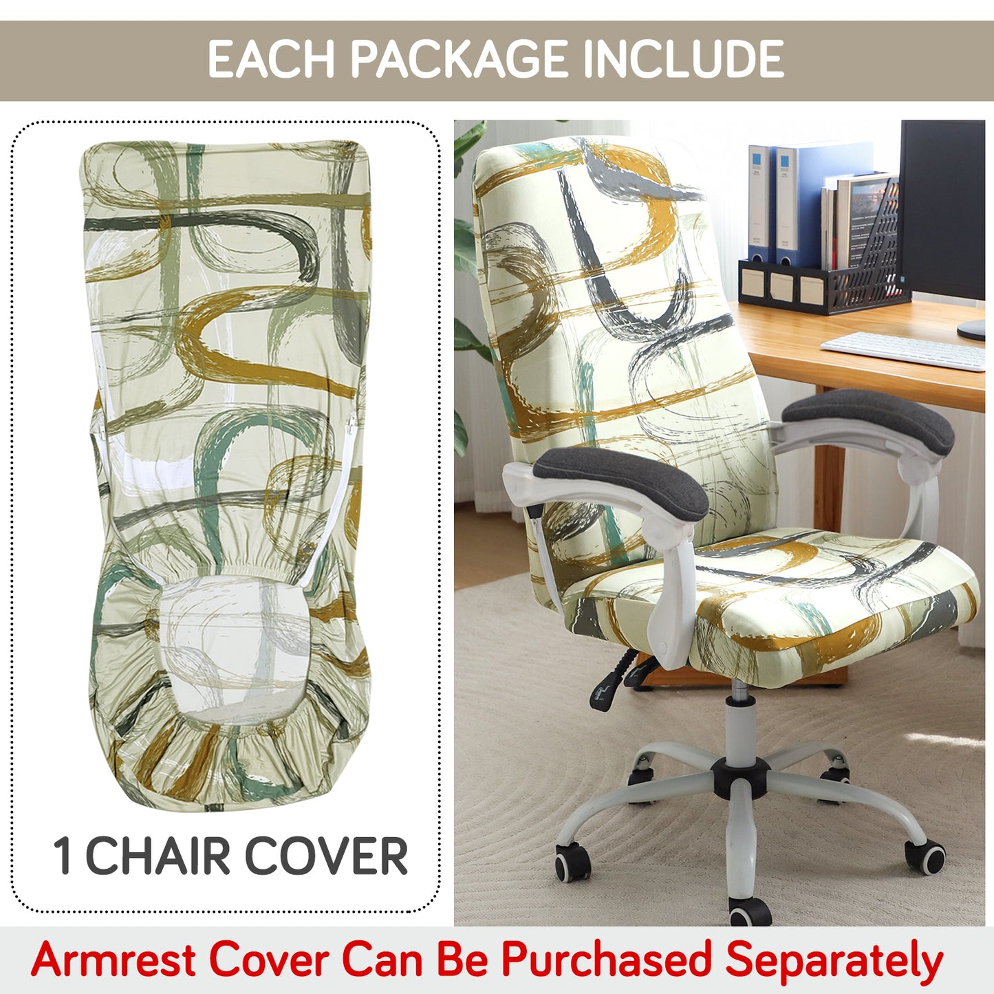 Printed Office Chair Cover for Executive Chair (High-Back) – 140 GSM Stretchable Fabric – Washable & Anti-Slip – Fits Big & Tall Office Chairs, Parchement Beige Abstract Art