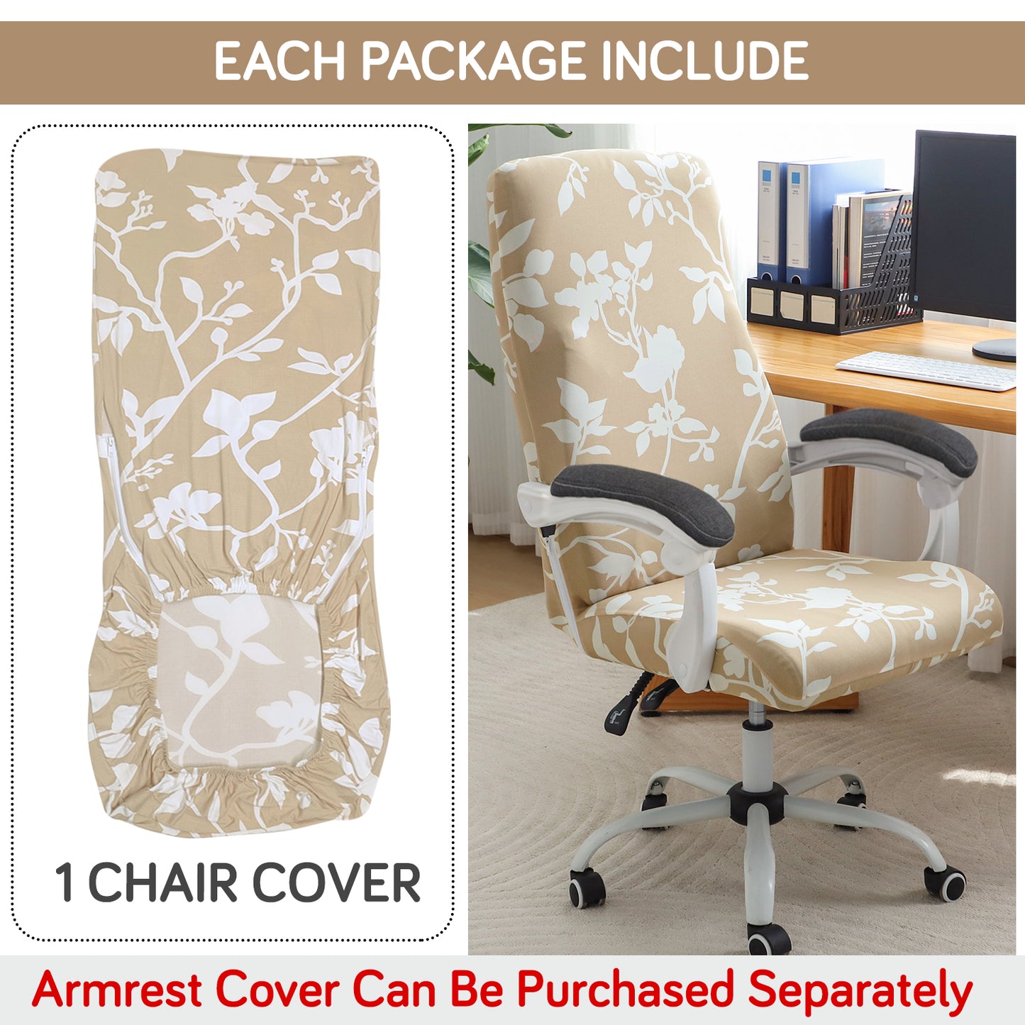 Printed Office Chair Cover for Executive Chair (High-Back) – 140 GSM Stretchable Fabric – Washable & Anti-Slip – Fits Big & Tall Office Chairs, Buff Brown Sillehoute Floral