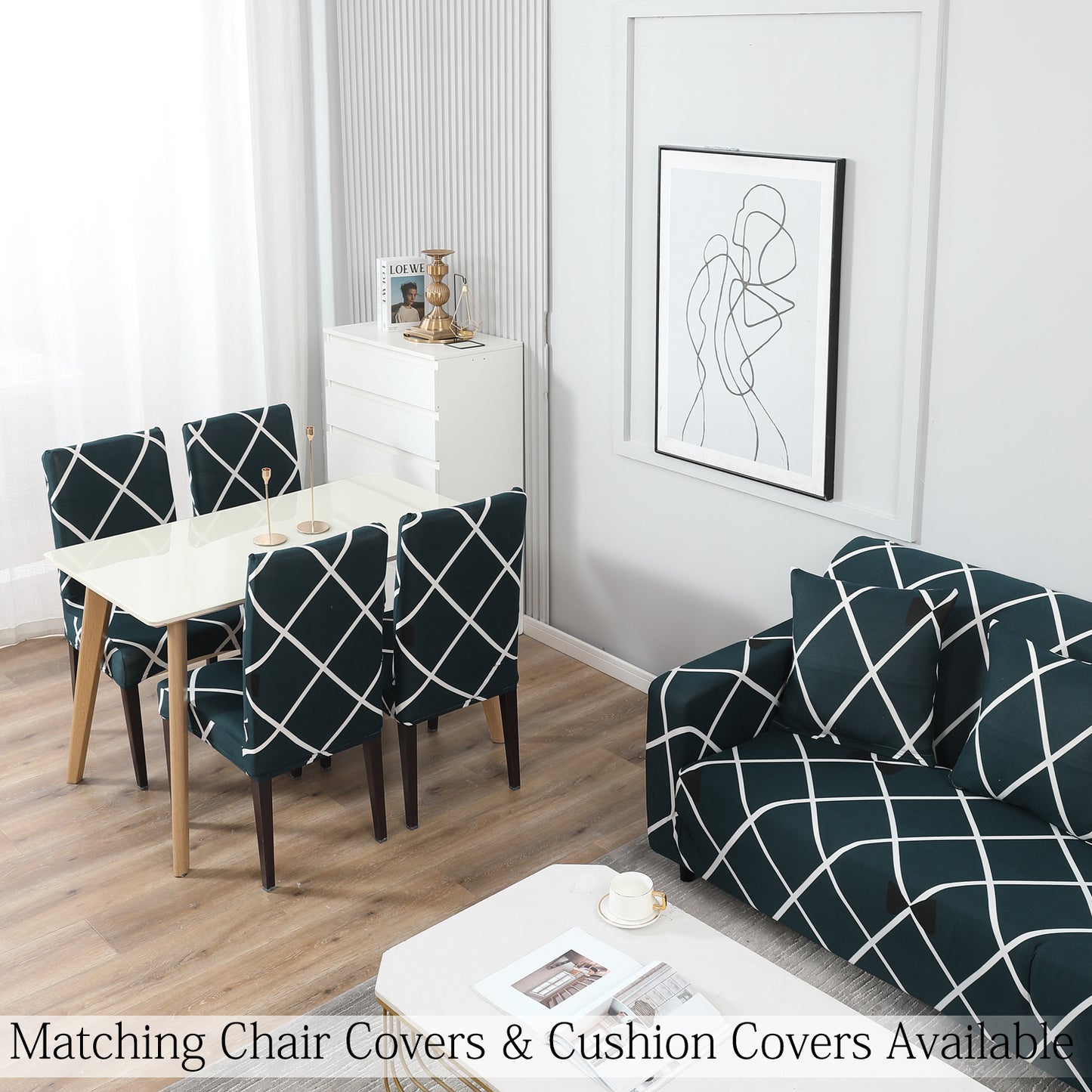 Buy Teal Diamond printed Matching elastic cushion covers for chairs and sofas