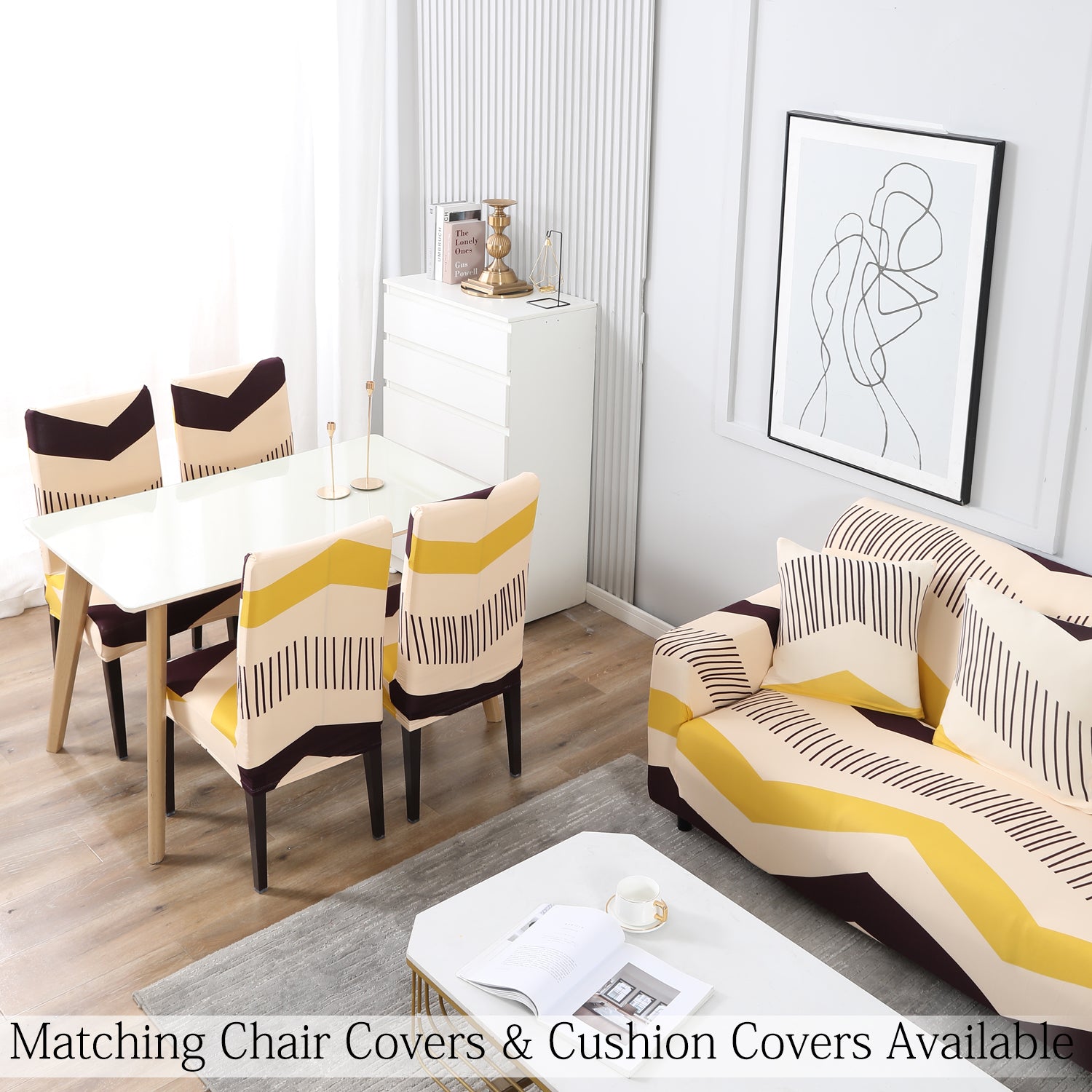 Buy Beige Brown Chevron Print Matching elastic covers for chairs and sofas