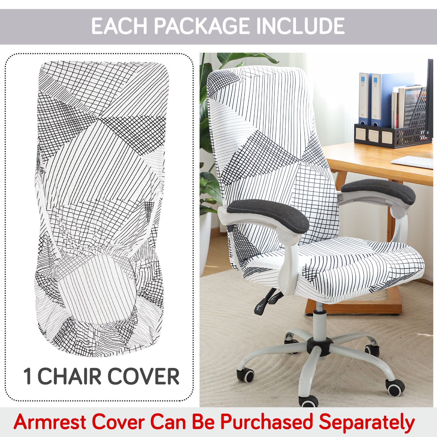 Printed Office Chair Cover for Executive Chair (High-Back) – 140 GSM Stretchable Fabric – Washable & Anti-Slip – Fits Big & Tall Office Chairs, Snow White Black Geometry