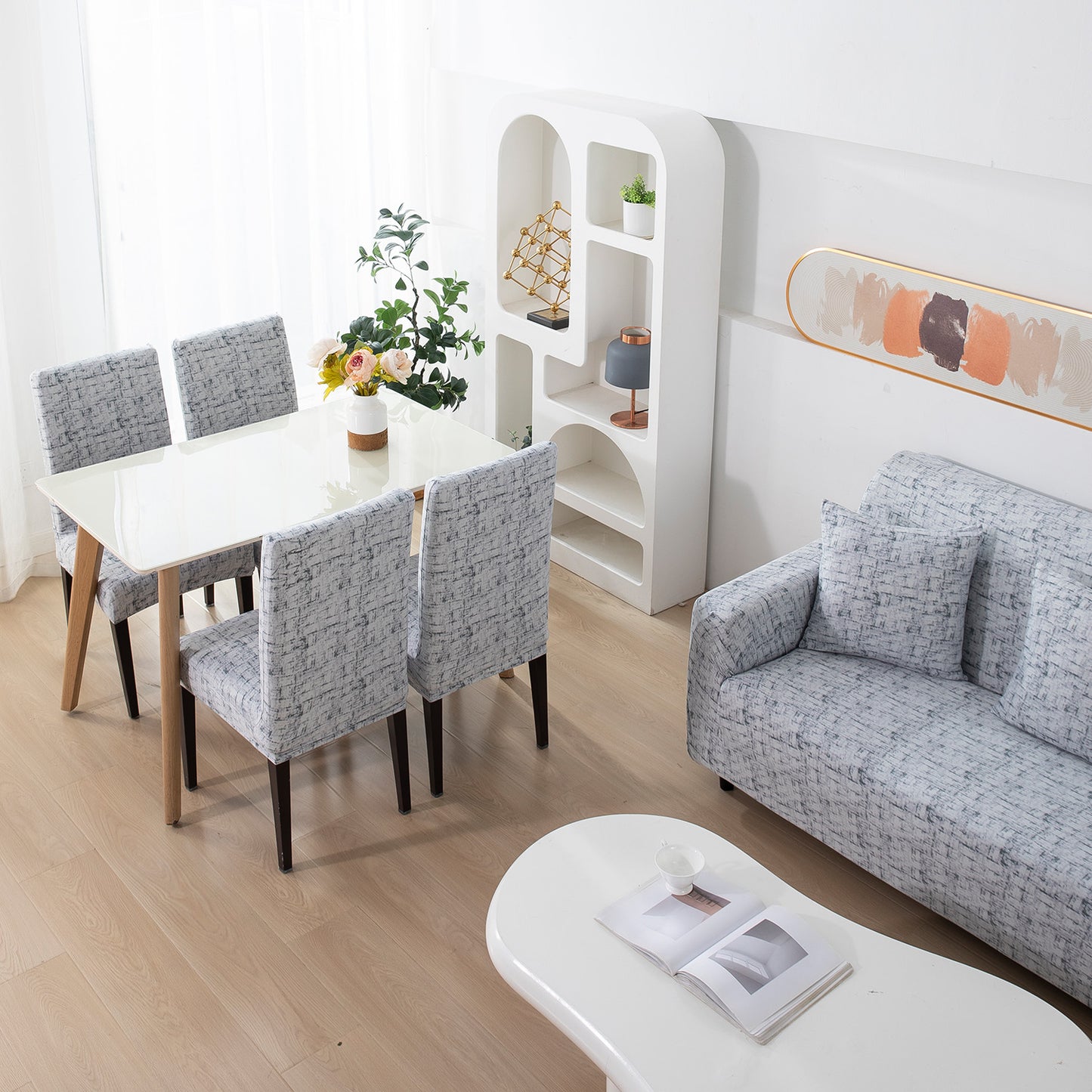 Elastic Stretchable Printed Sofa Cover, Abstract Grey Lines