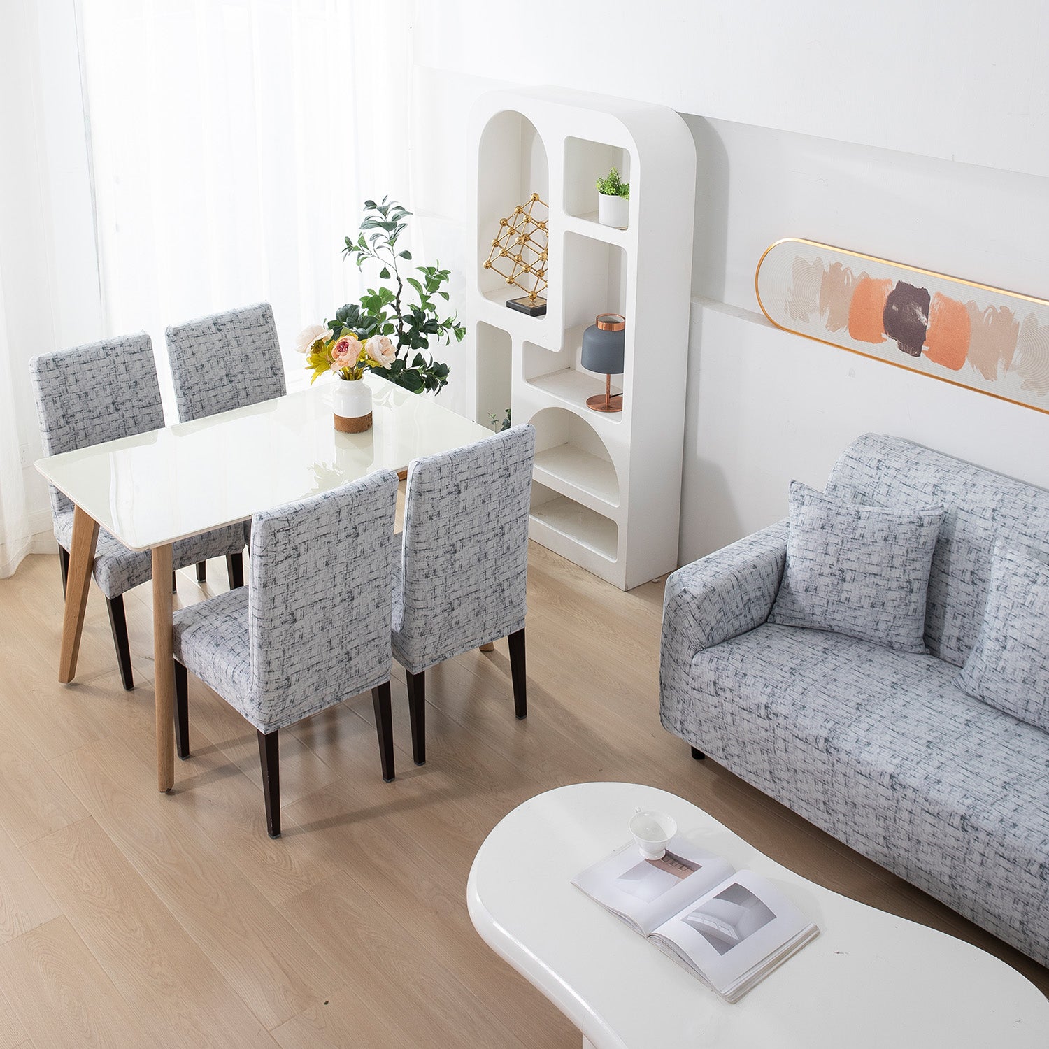 Buy Abstract Grey Lines Printed Matching elastic covers for chairs and sofas