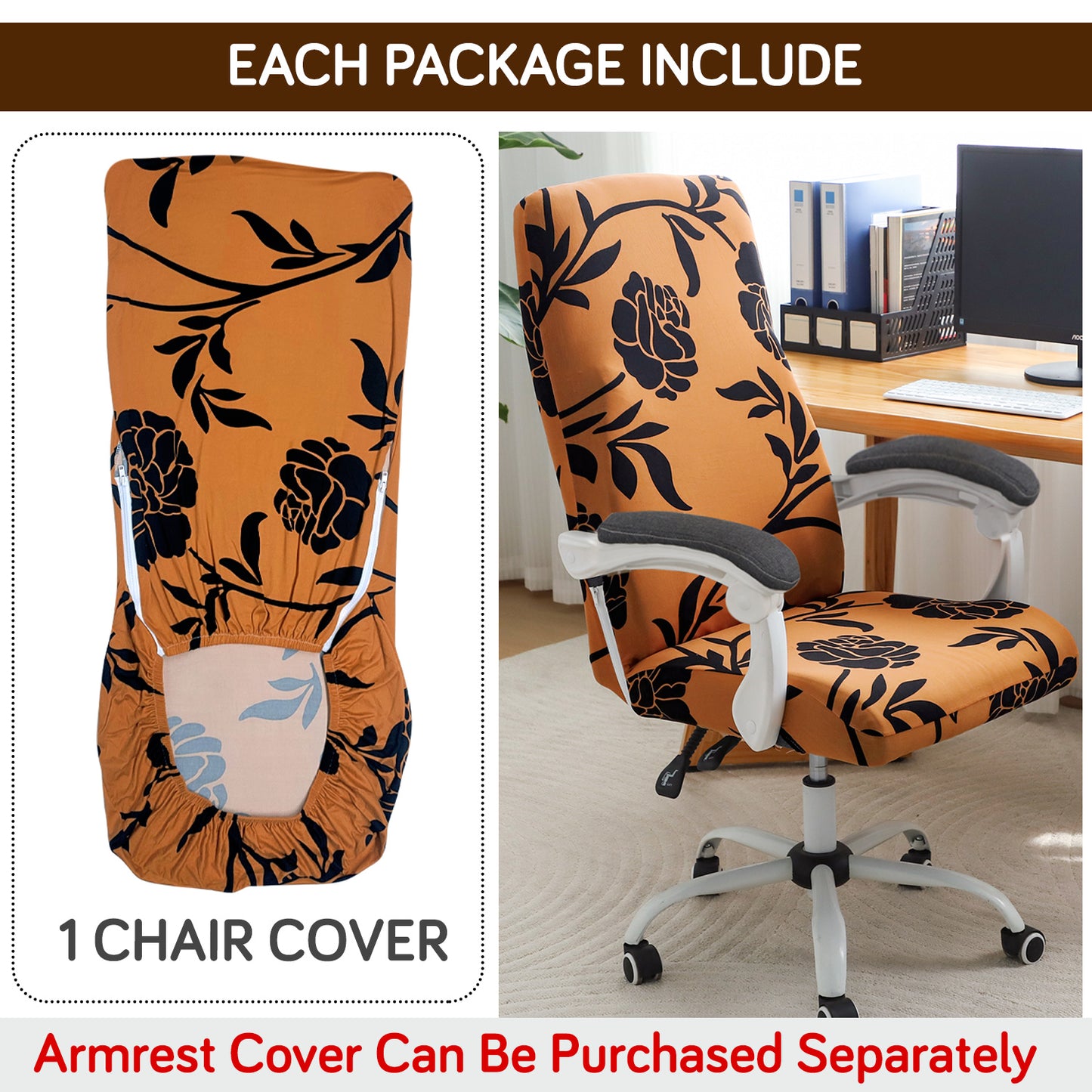 Printed Office Chair Cover for Executive Chair (High-Back) – 140 GSM Stretchable Fabric – Washable & Anti-Slip – Fits Big & Tall Office Chairs, Copper Brown Floral