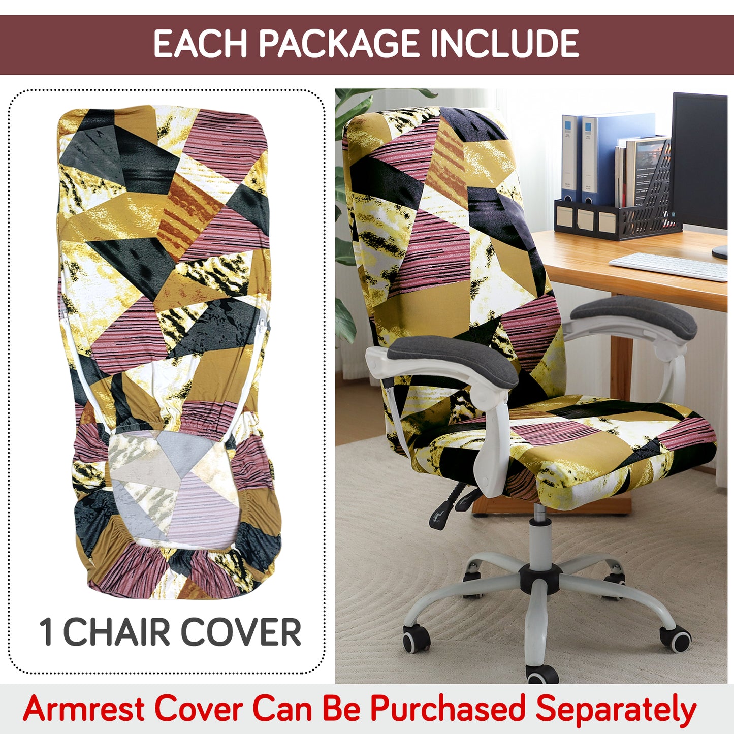 Printed Office Chair Cover for Executive Chair (High-Back) – 140 GSM Stretchable Fabric – Washable & Anti-Slip – Fits Big & Tall Office Chairs, Wine Abstract Geometry