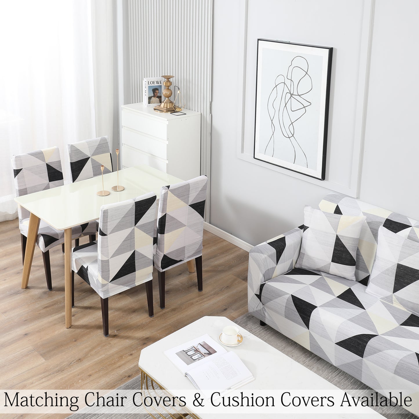 Elastic Stretchable Printed Sofa Cover, Black Grey Geometric