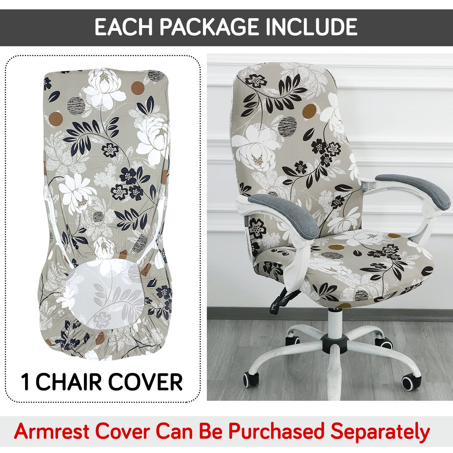 Printed Office Chair Cover for Desk Chair (Mid-Back) – 140 GSM Stretch Fabric – Washable, Durable & Anti-Slip – Fits Mid-Back Office Chairs, Feather Brown Floral - Medium