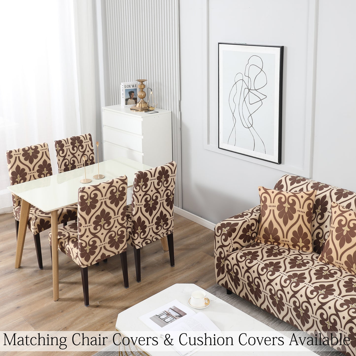Buy Beige Damask Printed Matching elastic cushion & covers for chairs and sofas
