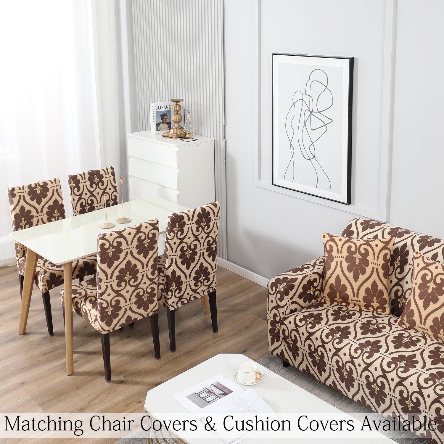 Buy Beige Damask Printed Matching elastic cushion & covers for chairs and sofas