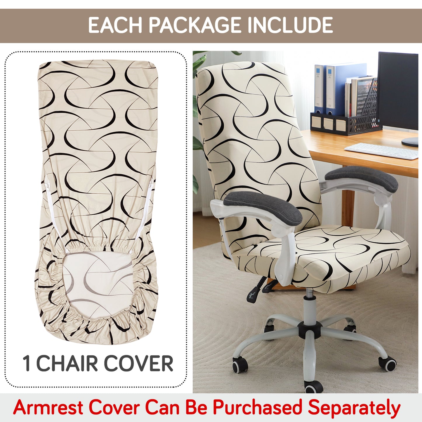 Printed Office Chair Cover for Executive Chair (High-Back) – 140 GSM Stretchable Fabric – Washable & Anti-Slip – Fits Big & Tall Office Chairs, Natural Beige Abstract Art
