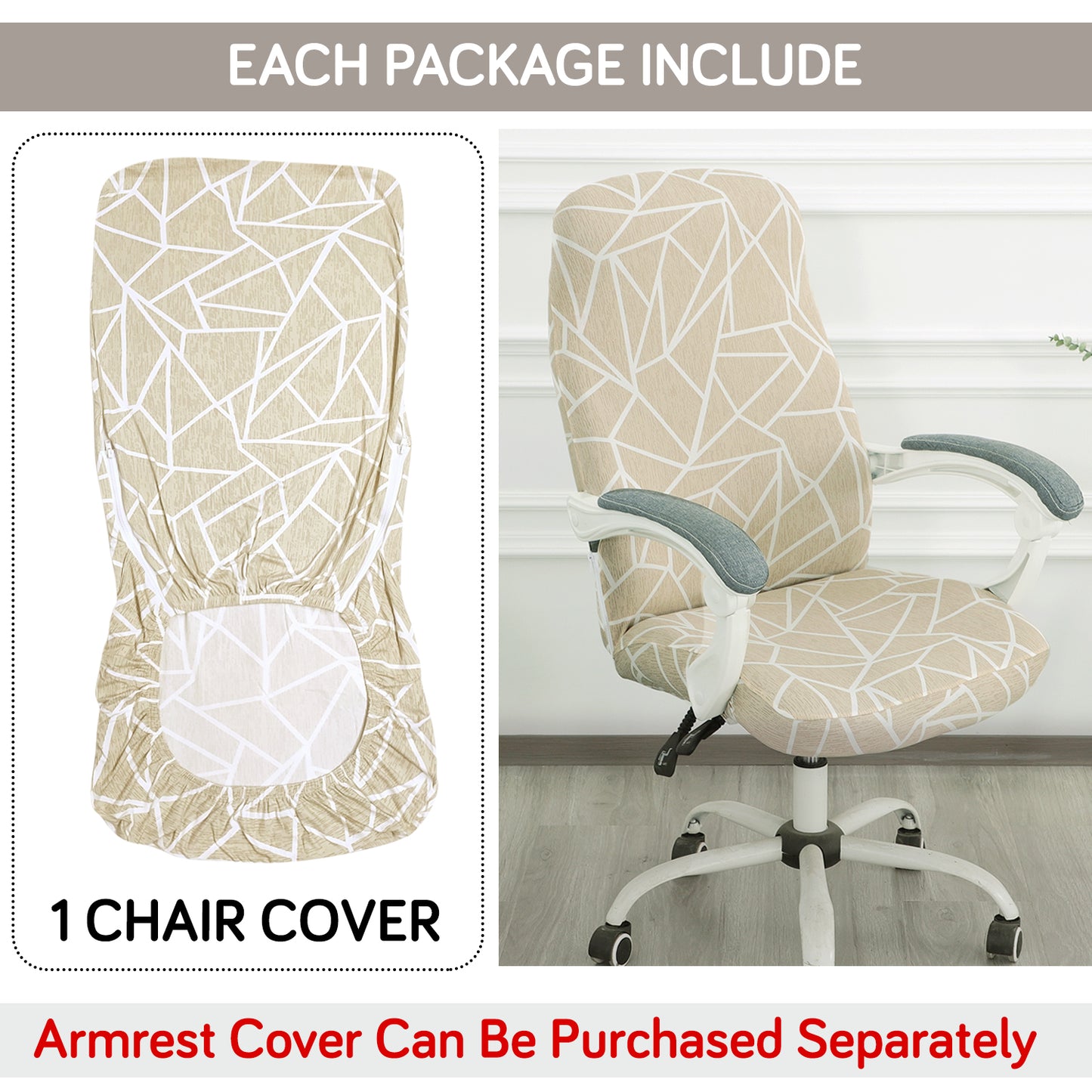 Printed Office Chair Cover for Desk Chair (Mid-Back) – 140 GSM Stretch Fabric – Washable, Durable & Anti-Slip – Fits Mid-Back Office Chairs, Beige Abstract Geometry - Medium
