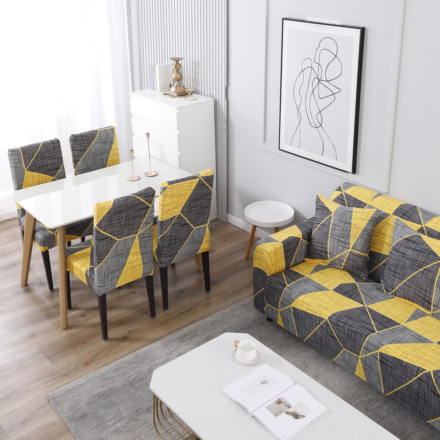Buy Abstract Grey polyester Matching elastic covers for chairs and sofas